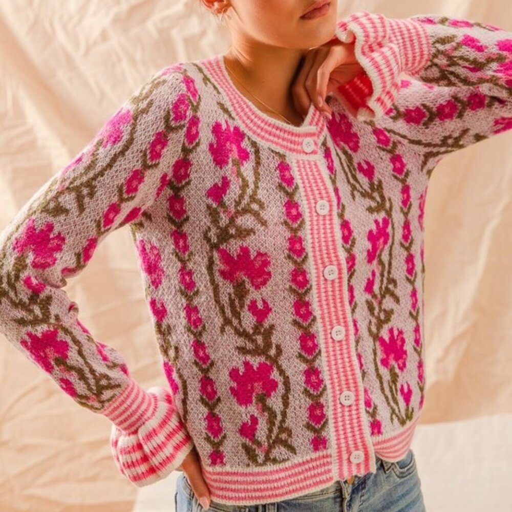 Pink Spring Floral Button Up Sweater Cardigan